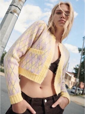 NWT Zara Cropped Pastel Argyle Knit Cardigan with Metallic Purple Thread